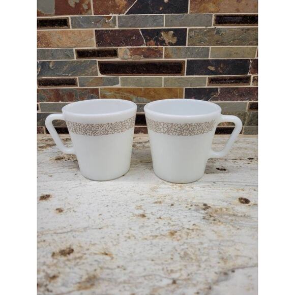 2 Vintage Woodland Mugs, Pyrex Cups, Milk Glass, D Handle, Dishes Dinnerware - Picture 2 of 6